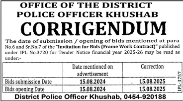 Police Department Khushab Tender Notice